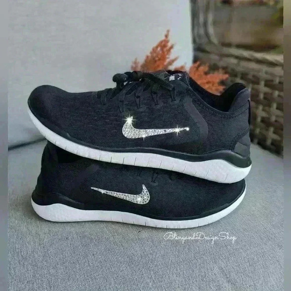 Nike Free RN 2018 Black Sneakers Customized with Crystal Rhinestones - Picture 4 of 8